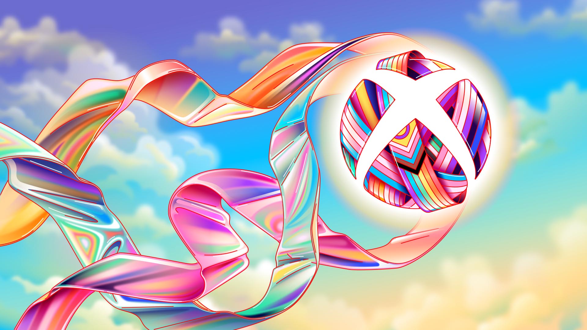 Logotipo estilizado de Xbox em apoio ao Orgulho, incluindo fitas coloridas que envolvem a esfera em um fundo de céu pastel.
