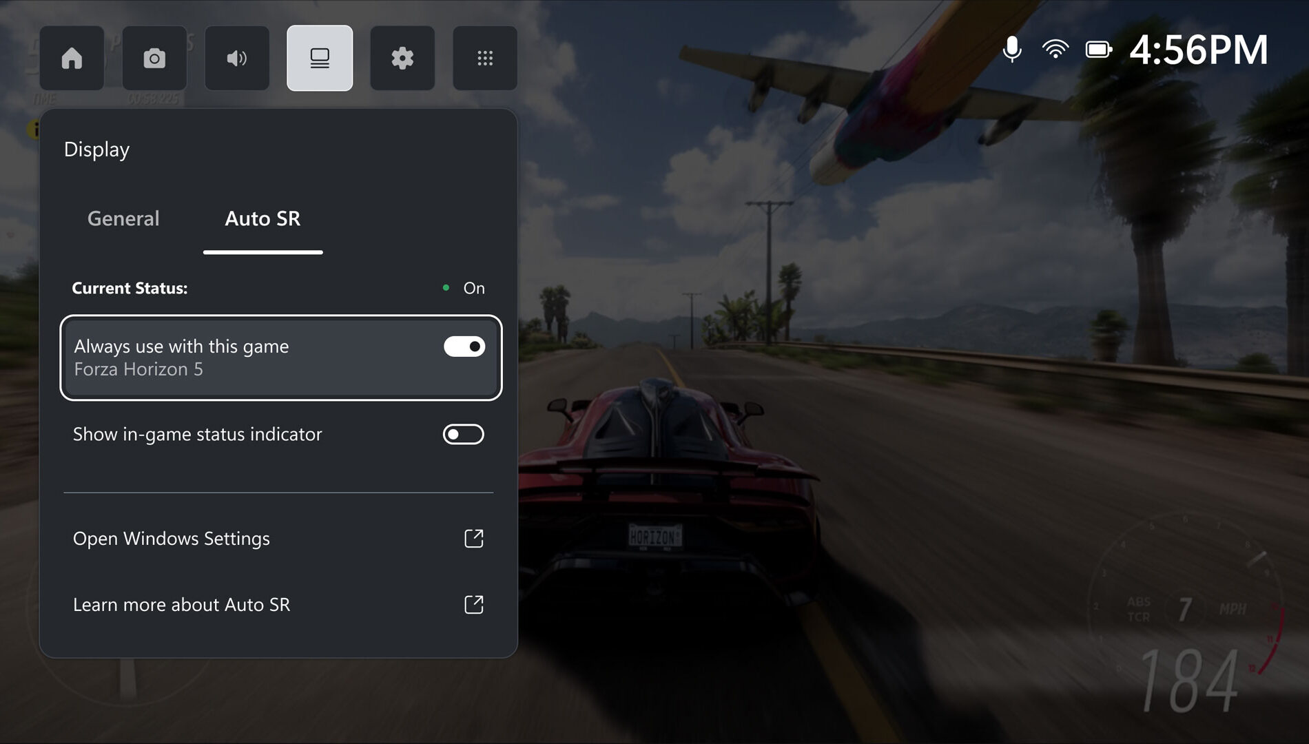 Изображение обновления ROG Xbox Ally с демонстрацией Auto SR в игре Forza Horizon 5