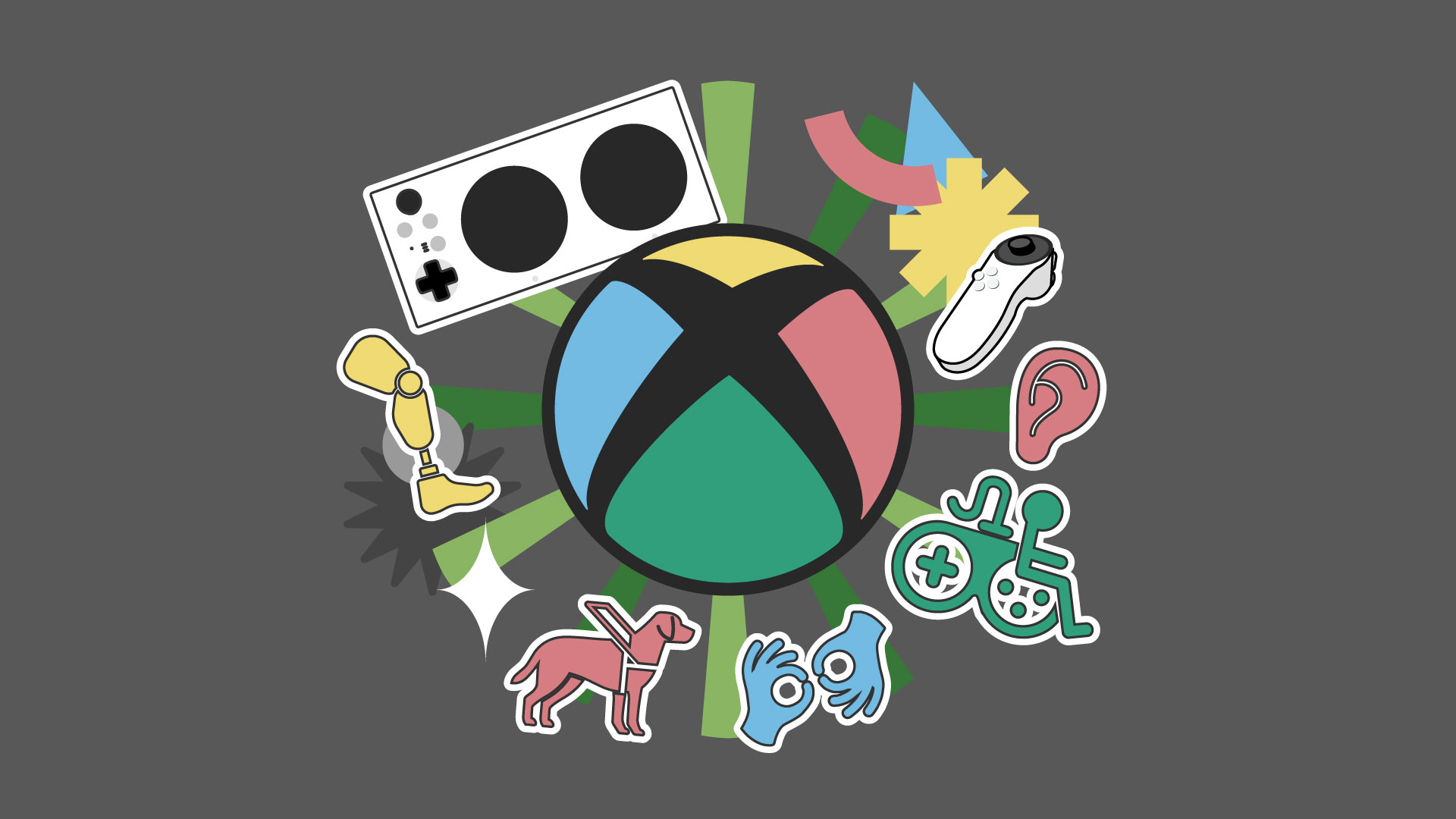Графическая иллюстрация, в центре которой логотип XBOX, окруженный иконками, связанными с доступностью, включая адаптивный контроллер XBOX, адаптивный джойстик XBOX, протез ноги, слуховой аппарат, символ доступности в играх, руки, показывающие язык жестов, и собака-поводырь на темно-сером фоне.