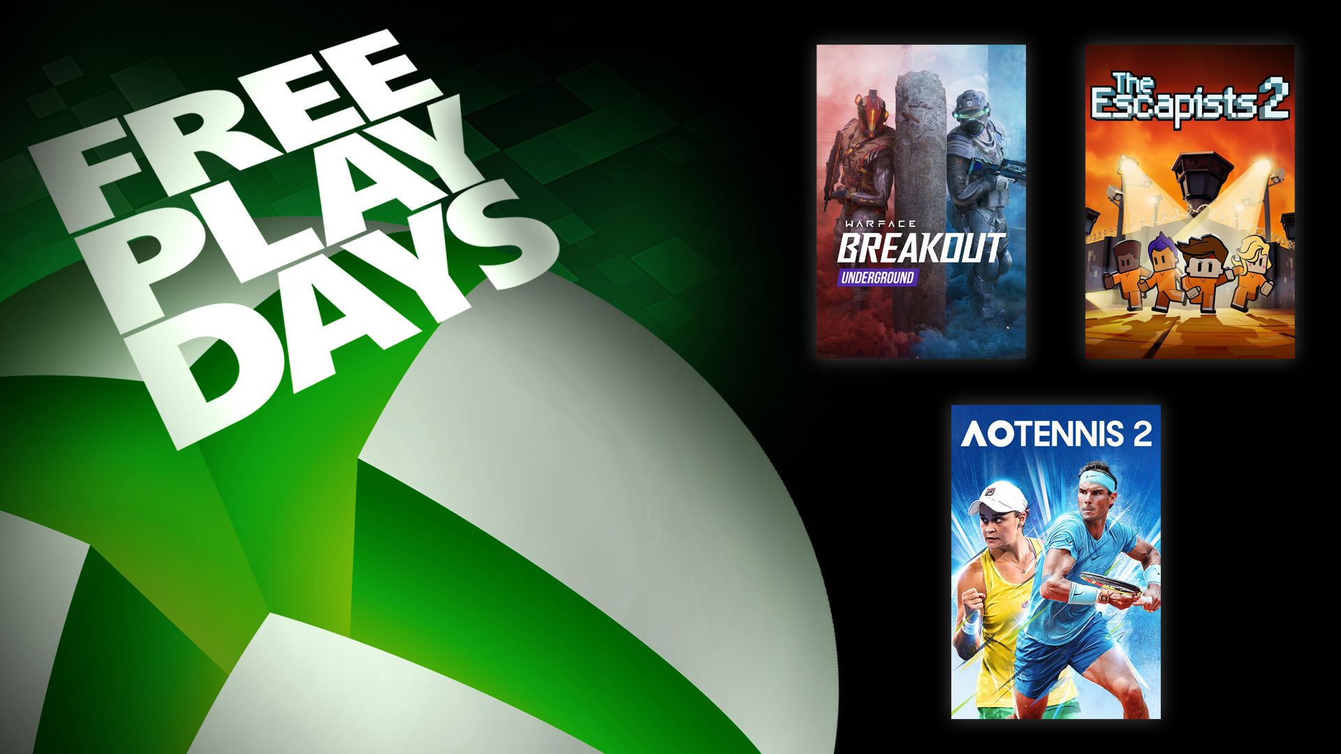 Обложки игр участвующих в акции Дни бесплатной игры: Warface: Breakout, The Escapists 2 и AO Tennis 2