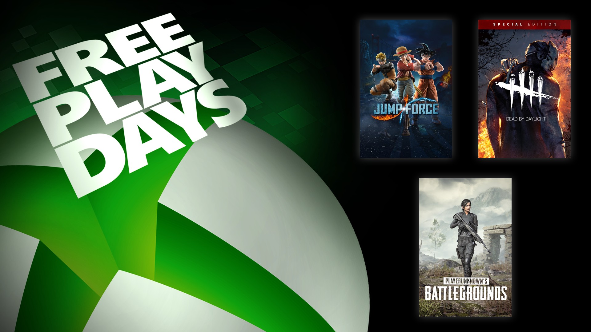 Баннер с обложкмаи игр из Дней бесплатной игры: Jump Force, PlayerUnknown’s Battlegrounds и Dead by Daylight: Special Edition