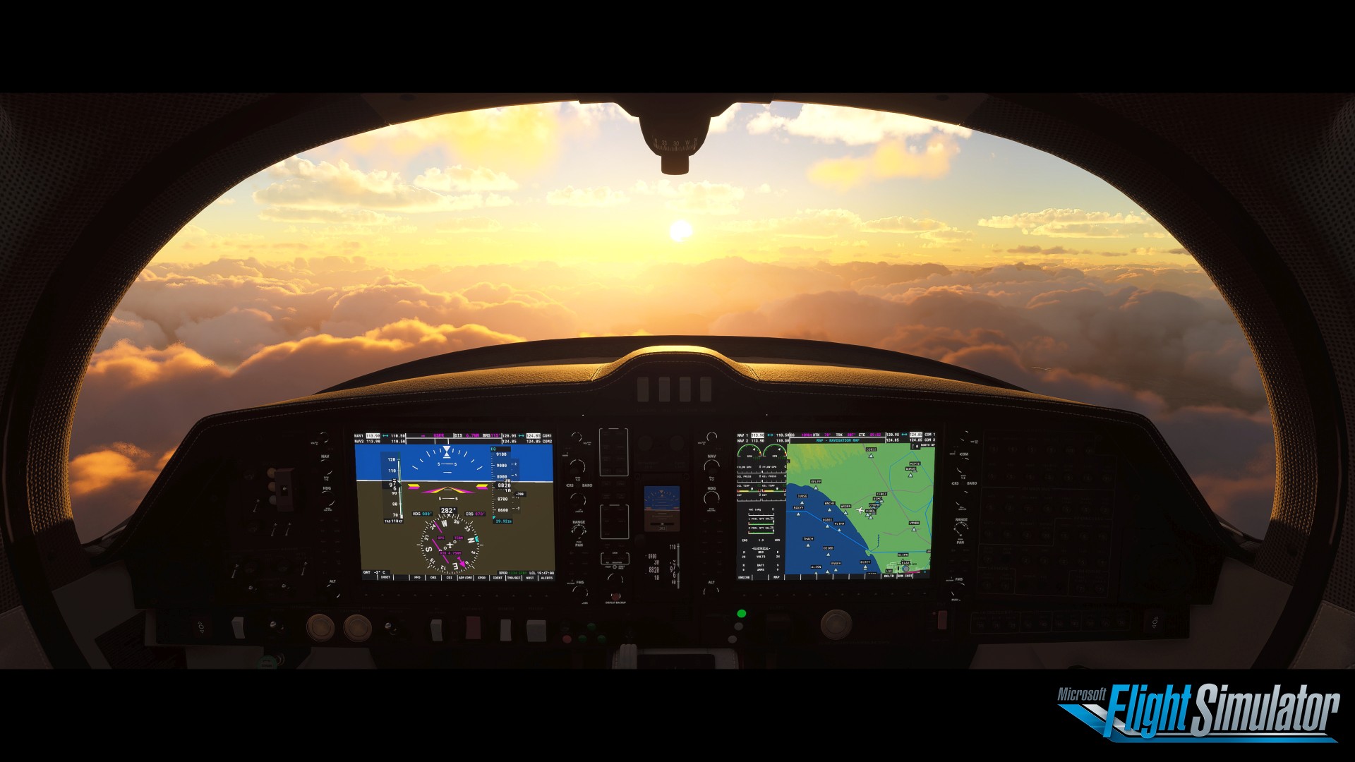 Вид из кабины самолета на закатное небо. Скриншот Microsoft Flight Simulator