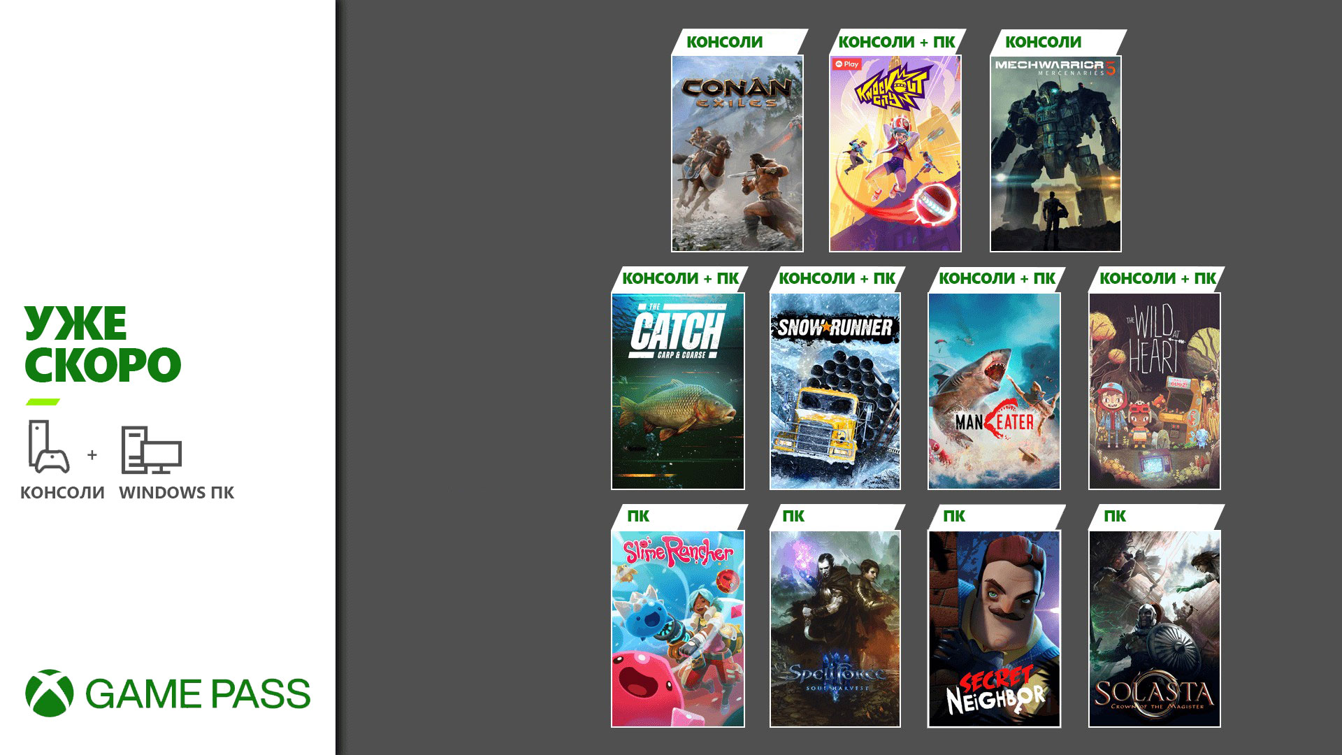 Обложки новых игр в Xbox Game Pass: The Wild at Heart, Conan Exiles, Knockout City и другое