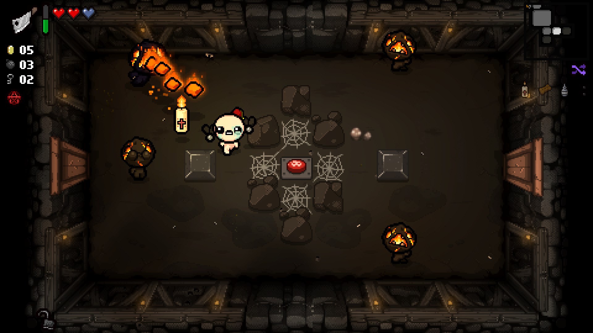 Комната огненного уровня подземелья в The Binding of Isaac: Repentance, прохождение за персонажа Judas.