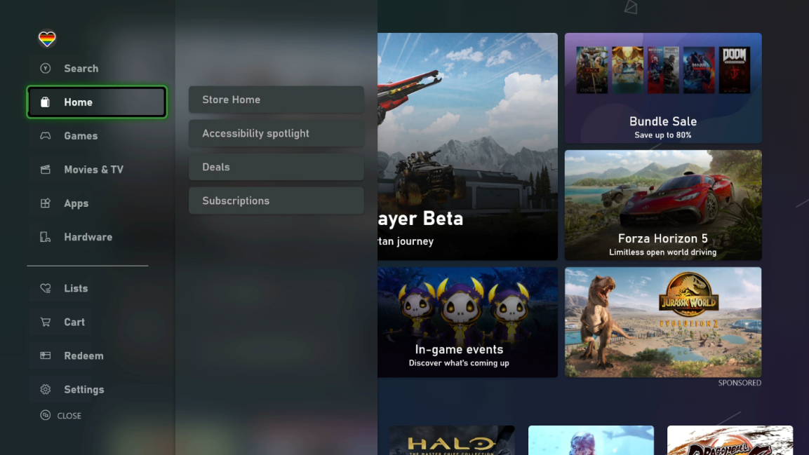 Обновленный интерфейс бокового меню сервиса Microsoft Store на Xbox.
