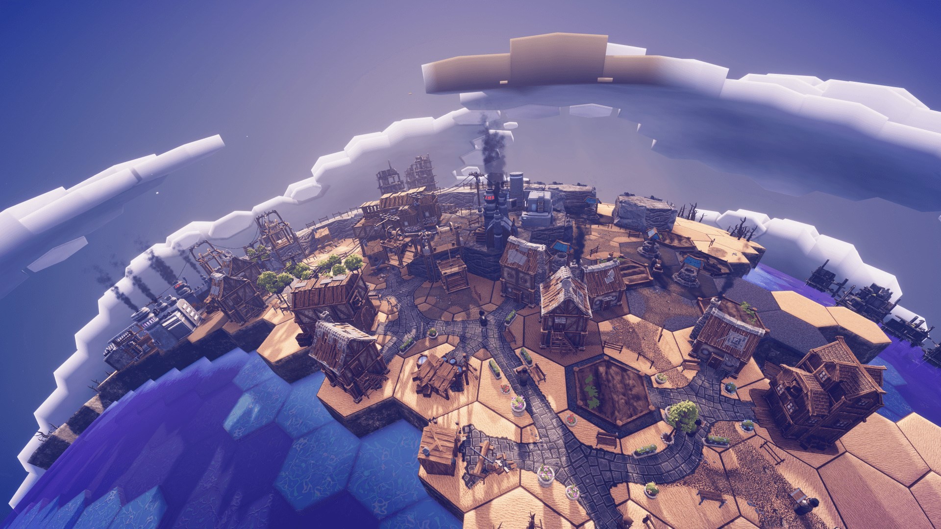 Вид сверху на планету и поселение, разделенные на шестиугольники.