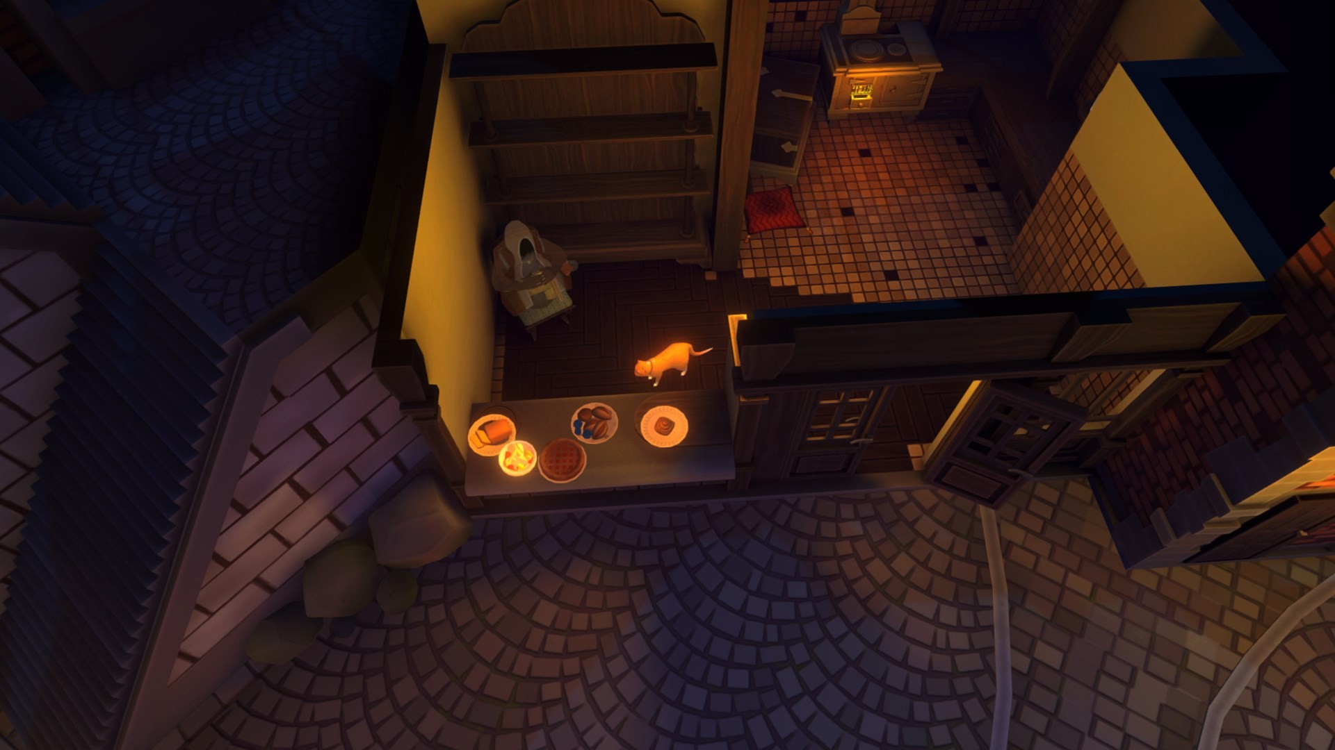 Рыжий кот стоит на кухне, вид сверху.