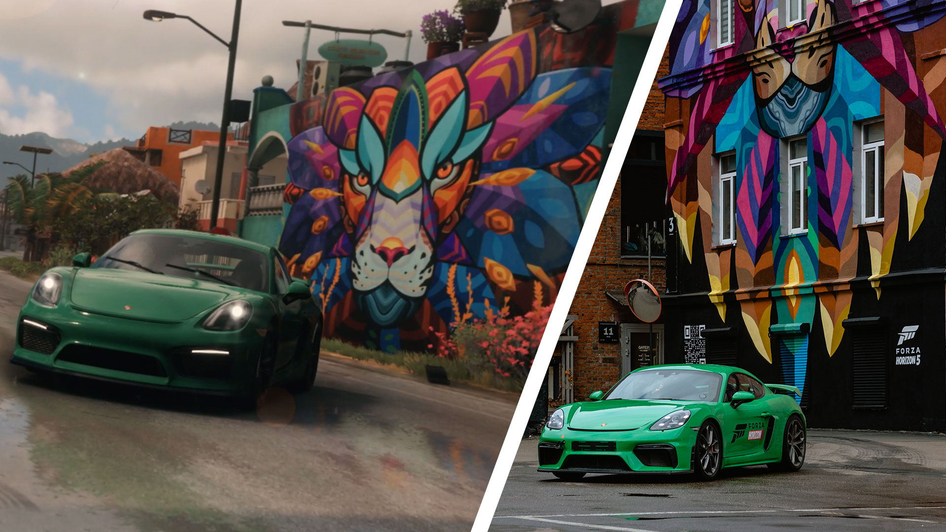 Porsche Cayman GT4 PDK в игре Forza Horizon 5 и в Москве во время съемок видео