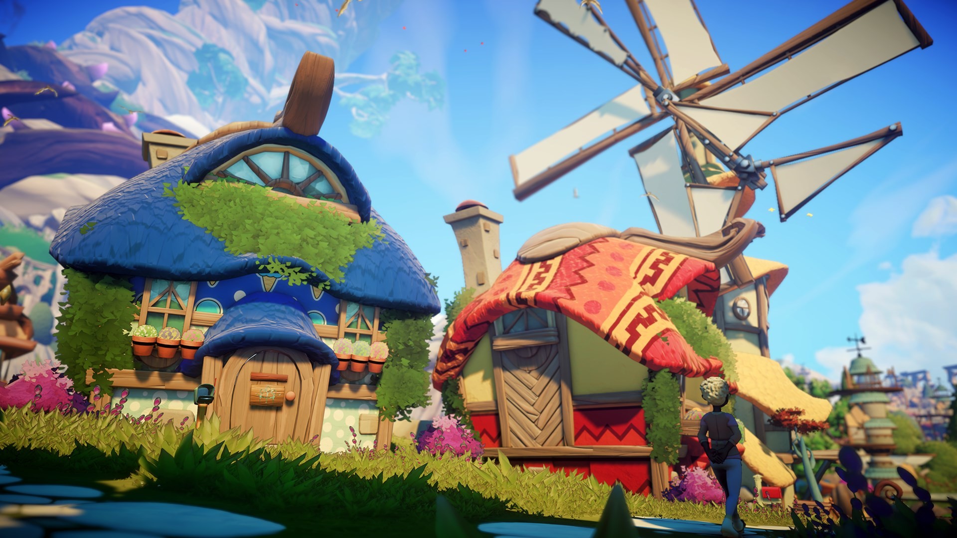 Небольшая деревня с уютными домами и мельницей.