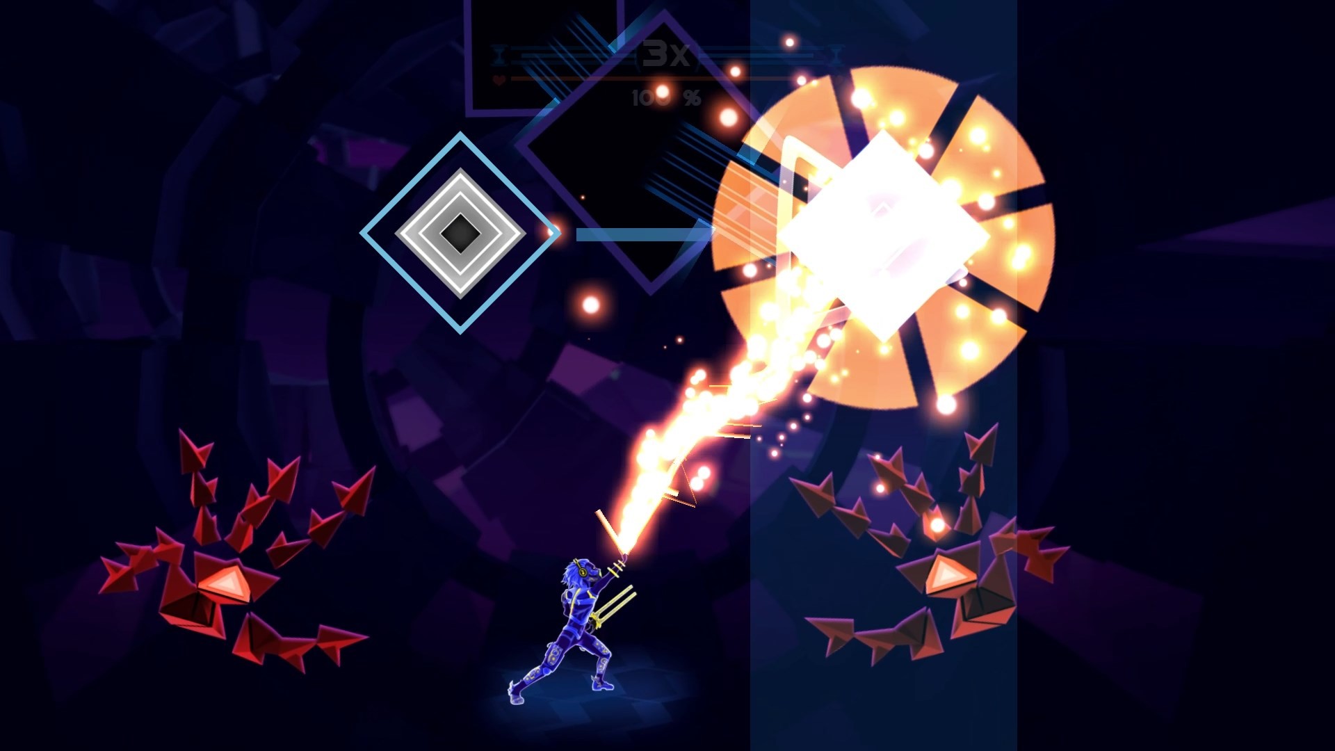 Боевая сцена с главным героем, одетым в синий неоновый костюм.