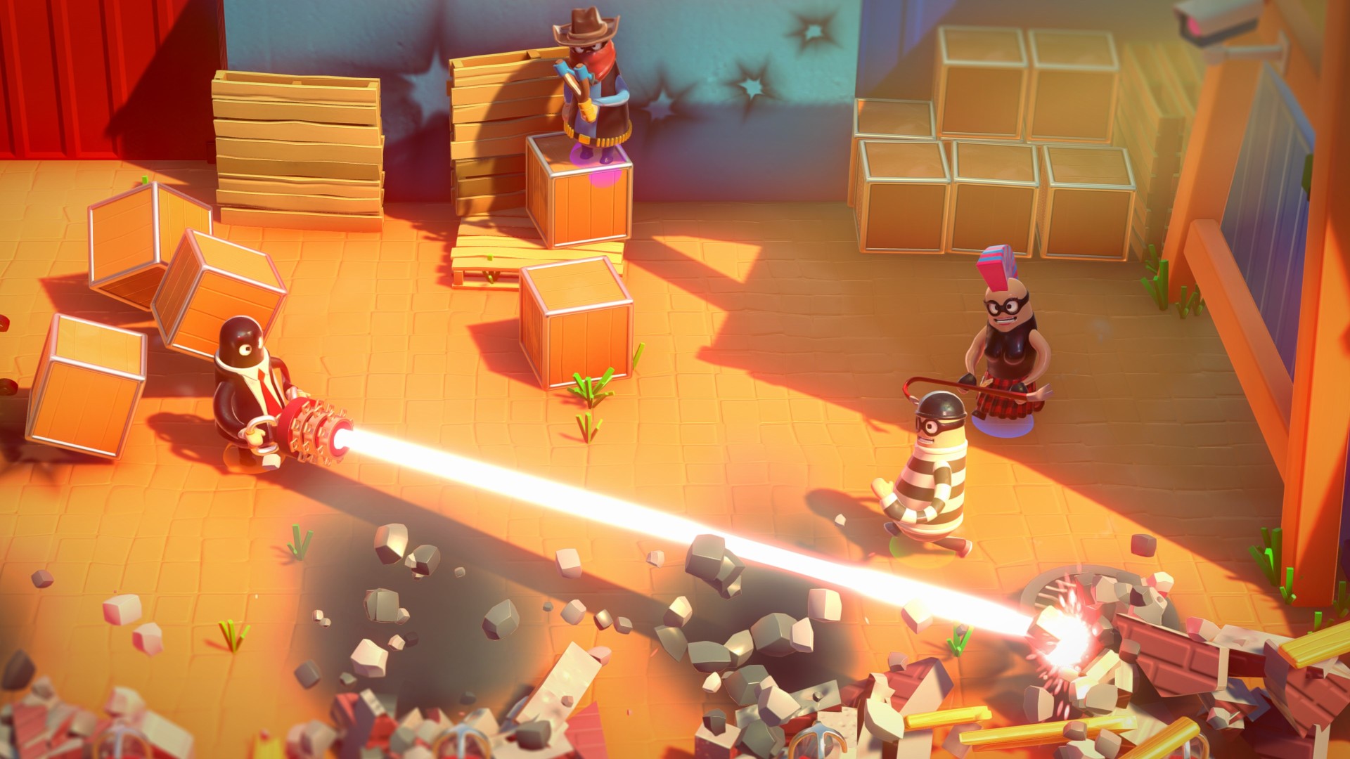 Мультяшные персонажи совершают ограбление при помощи лазера.