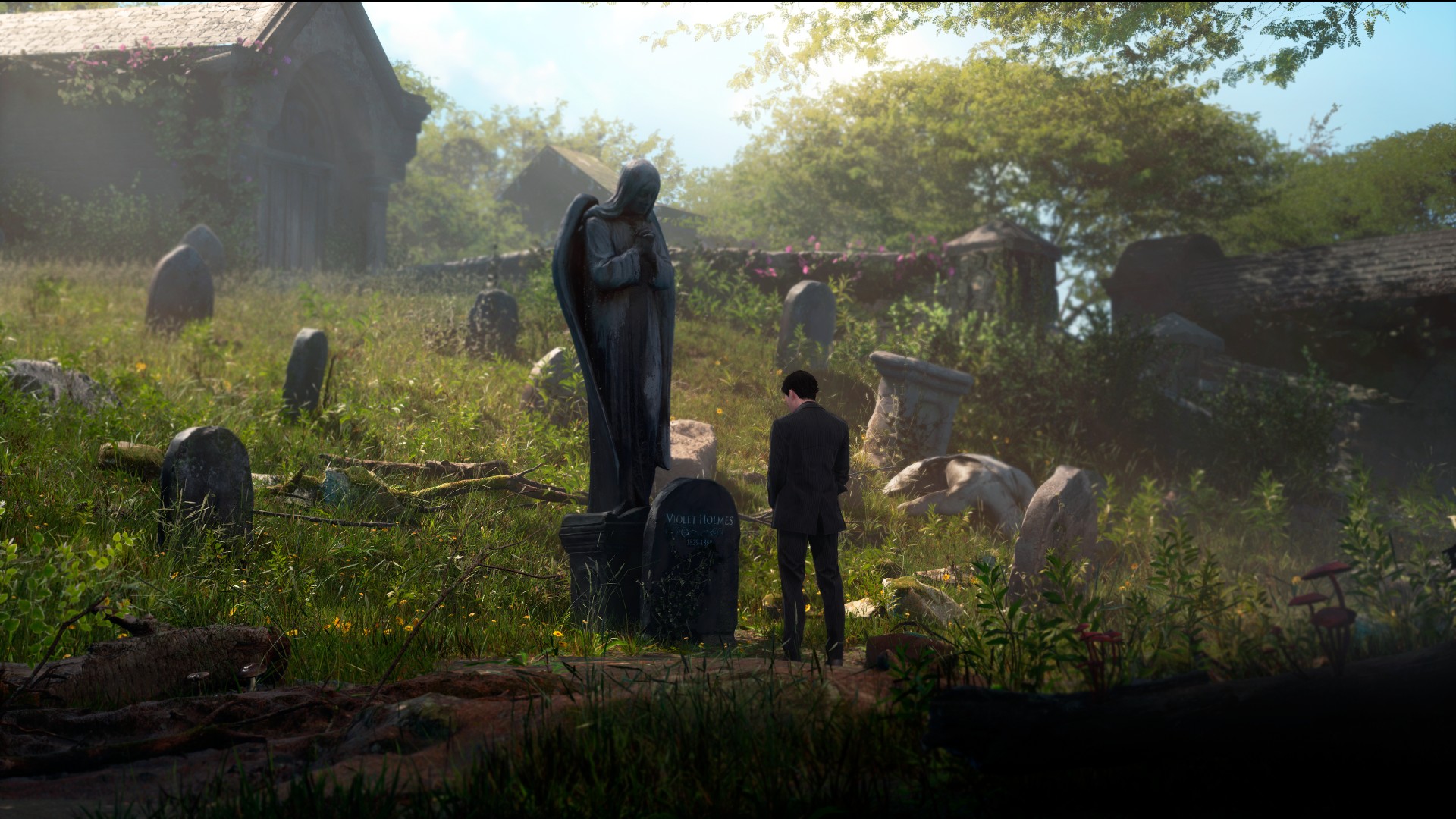 Молодой Шерлок стоит у могилы Вайолет Холмс.
