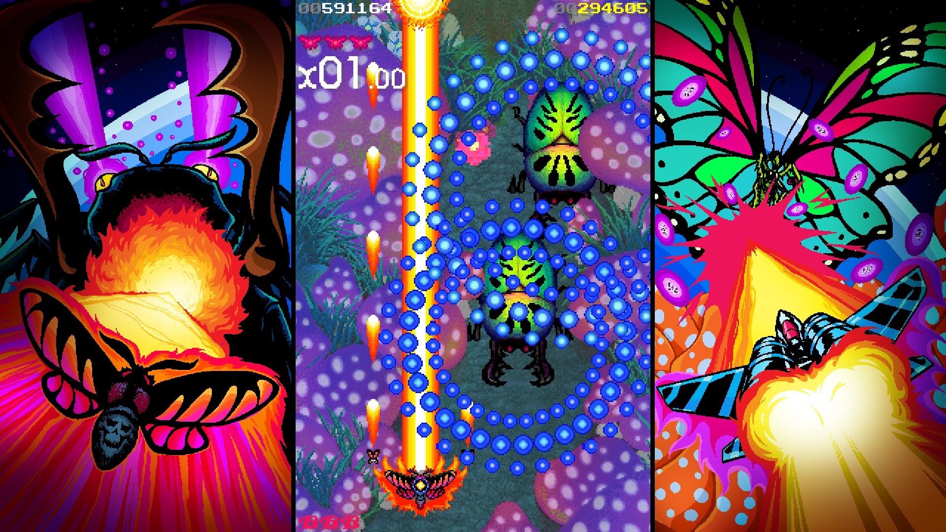 Сражения космического мотылька, нарисованные в кислотных цветах.