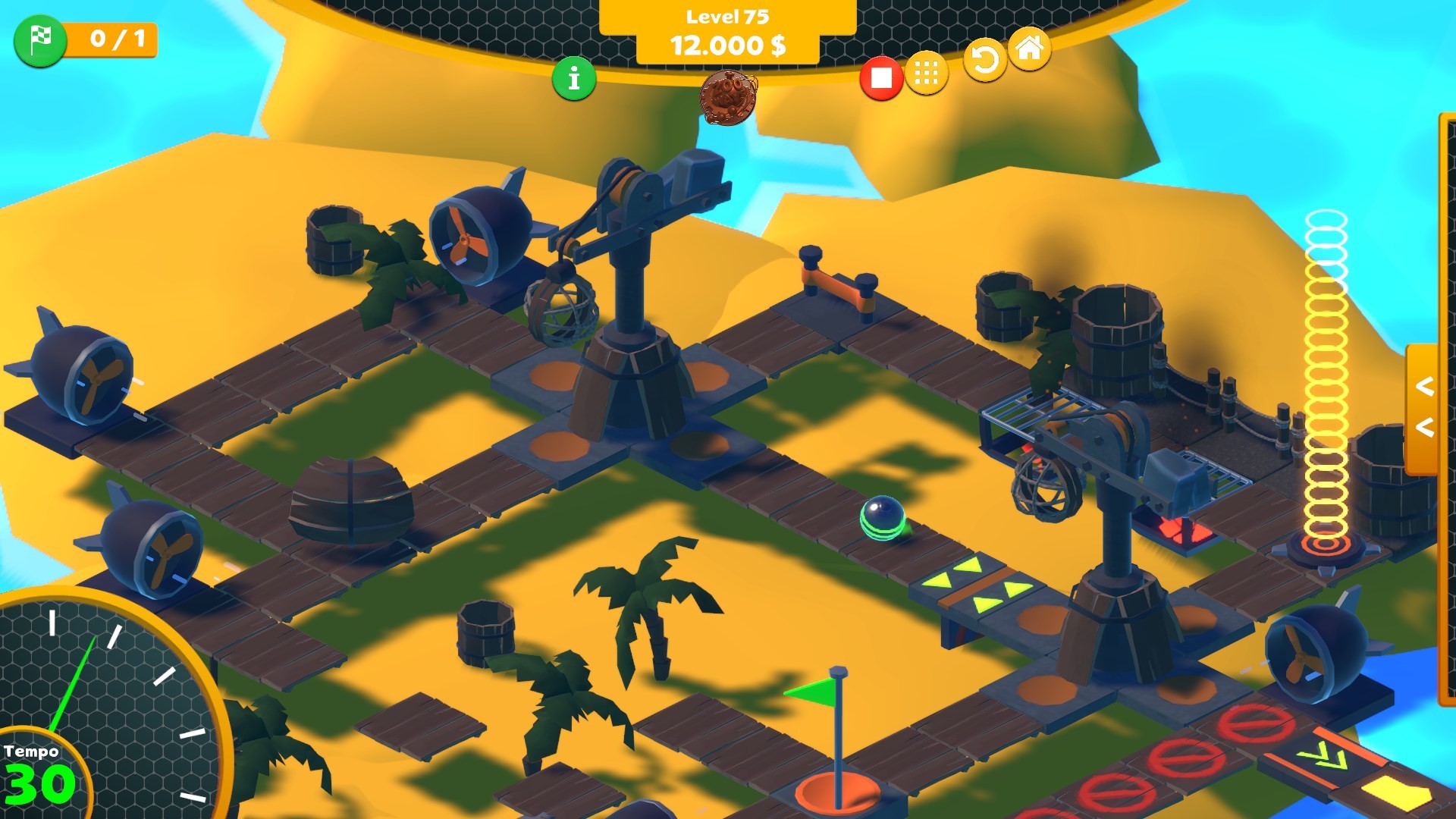 Пустынный уровень головоломки, наполненный необычными устройствами.