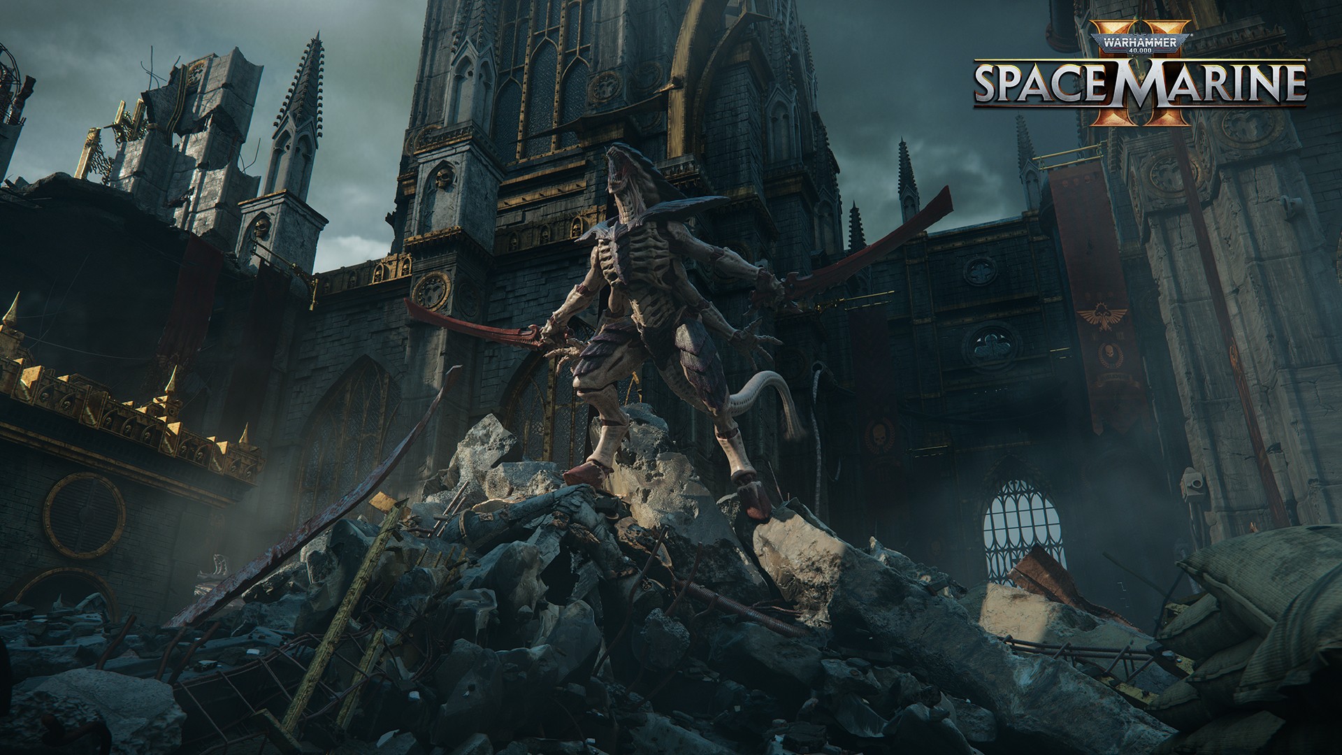 Тиранид на фоне развалин.