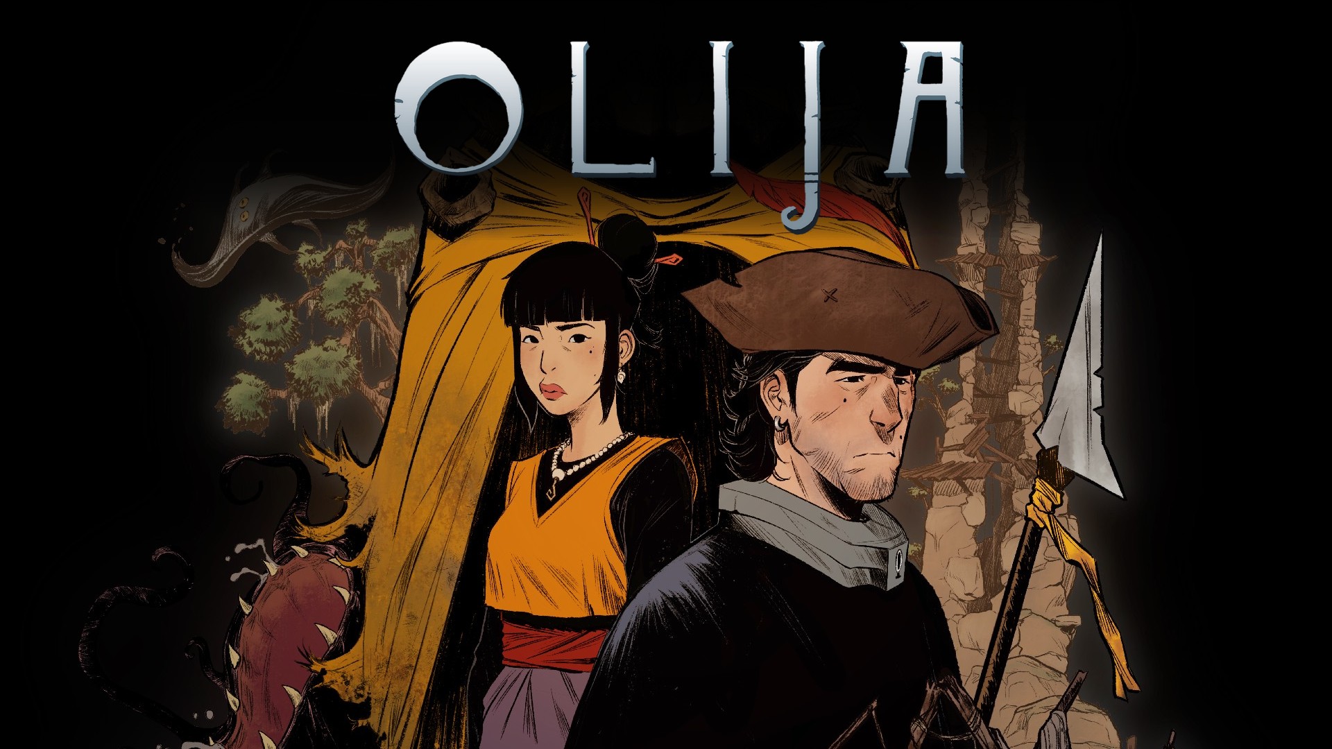 Баннер игры Olija - мужчина и женщина на темном фоне