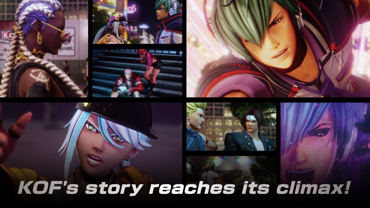 Коллаж из скриншотов сюжетных роликов KOF XV.